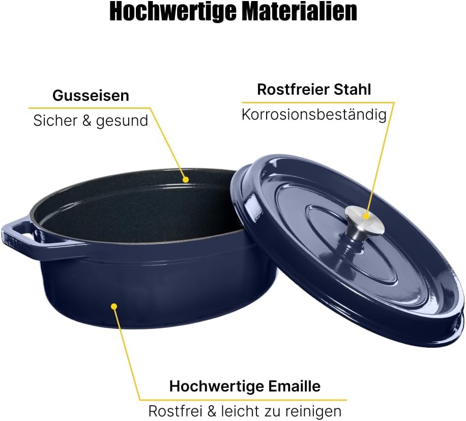 Emaillierter Gusseisentopf mit lid und breiten Griffen – Stylistisches Aussehen Ovaler Schmortopf um