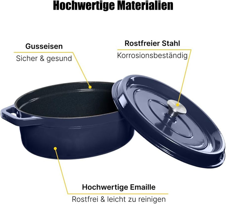 Emaillierter Gusseisentopf mit lid und breiten Griffen – Stylistisches Aussehen Ovaler Schmortopf um