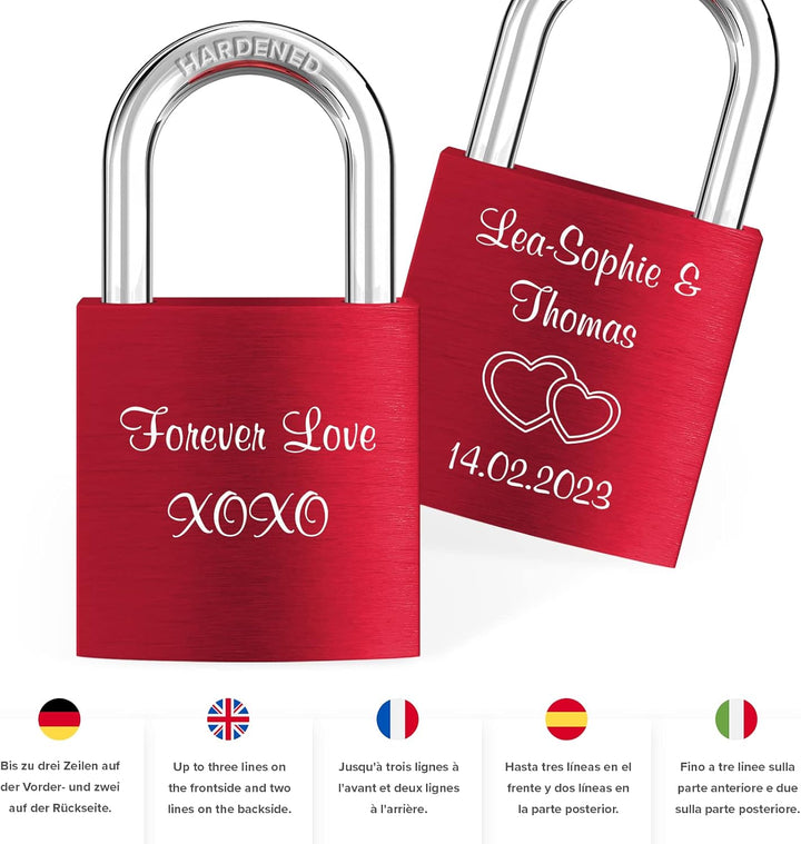 LIEBESSCHLOSS-FACTORY Liebes-Schloss Rot mit Laser-Gravur und Schlüssel, gratis Geschenkbox uvm. Jet