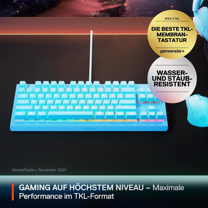 SteelSeries Apex 3 TKL Aqua RGB Gaming-Tastatur – Kompakter Tenkeyless-Formfaktor – 8-Zonen-RGB-Bele