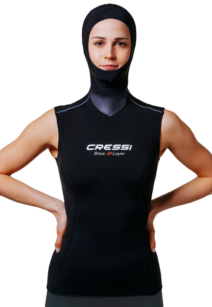 Cressi Base Layer Hood Vest Lady 2.5/5mm - Unteranzug mit eingebauter Kapuzenfrau, Schwarz Schwarz L