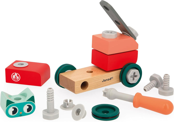 Janod - Mein erstes Konstruktionsspiel - Katzen-Bastelauto - 29 Elemente - Rollenspiel - Fördert Ges