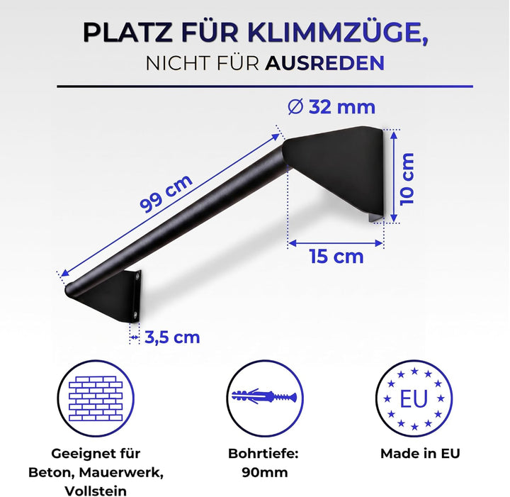 Klimmzugstange Wand, Pull Up Bar zur Wandmontage über Türrahmen & Balken - robuster Stahl pulverbesc