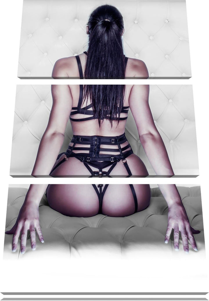 Pixxprint Brünette Frau in sexy Dessous B&W Detail 3-Teiler Leinwandbild 120x80 Bild auf Leinwand