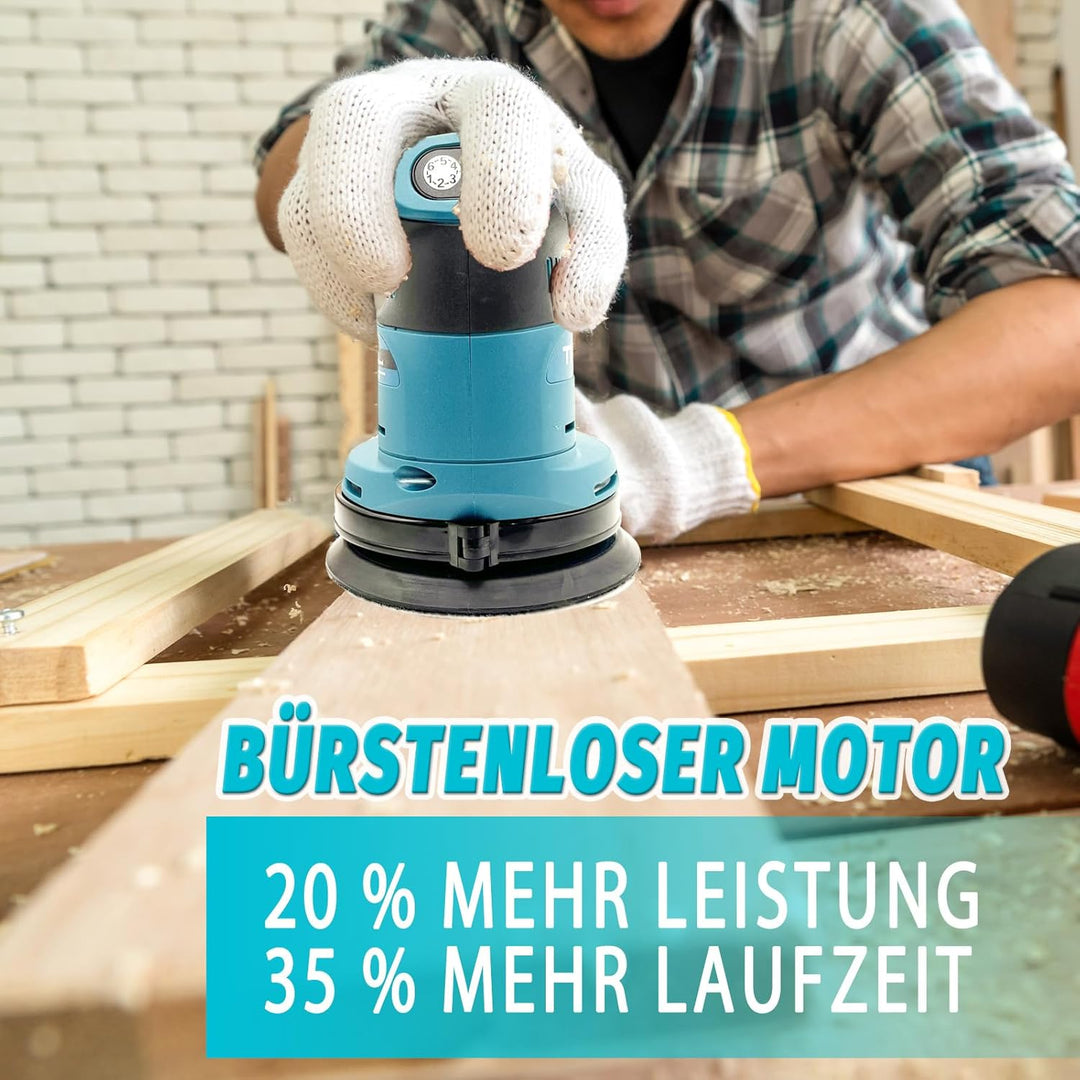 Akku-Exzenterschleifer mit 2 3000mAh, 125mm Exzenterschleifer Akku 18v Ersatz für Makita DBO180Z, 15