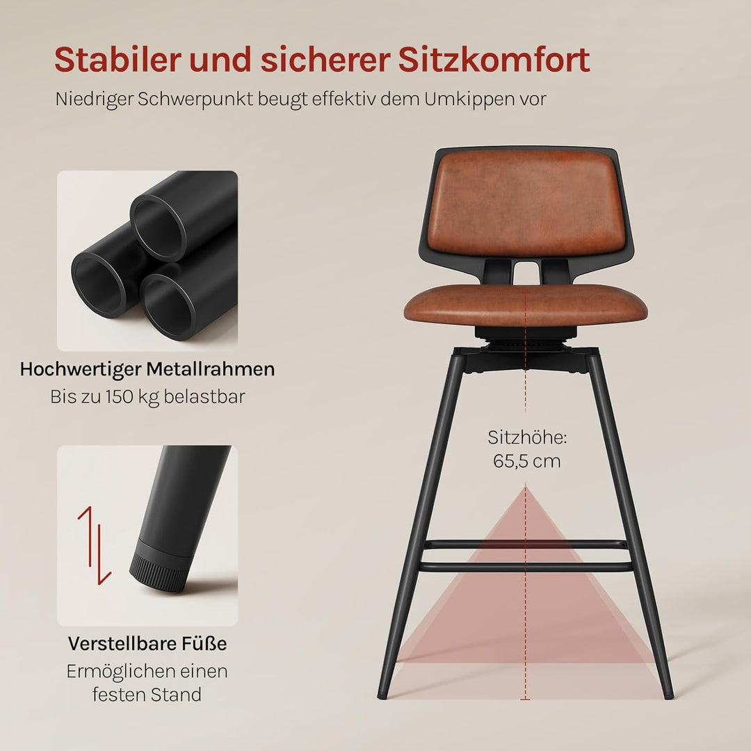 WOLTU Barhocker 2er Set, Barstuhl 360° drehbar, Küchenhocker mit Rückenlehne Fussstütze, für Küche B