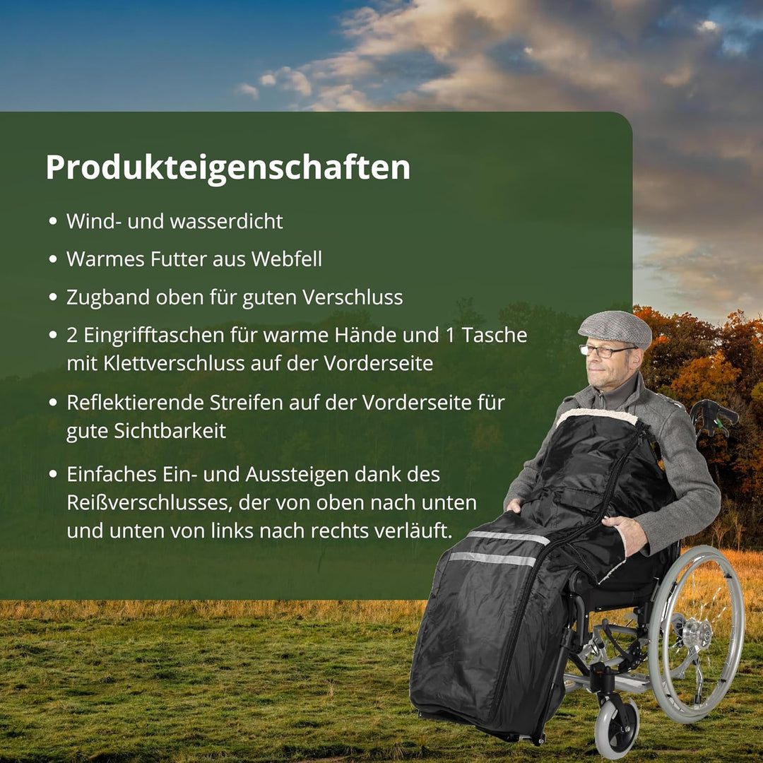 Rollstuhlsack Schwarz mit Webpelz gefüttert mit Anti Rursch Noppen & Regenponcho