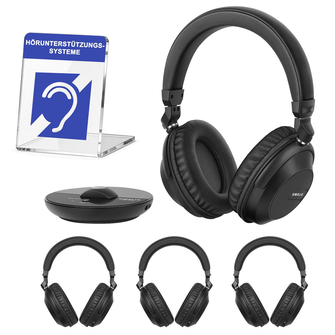 SIMOLIO Bluetooth TV Funkkopfhörer mit klarem & lautem Klang – Kabellose Kopfhörer & Sender für Grup