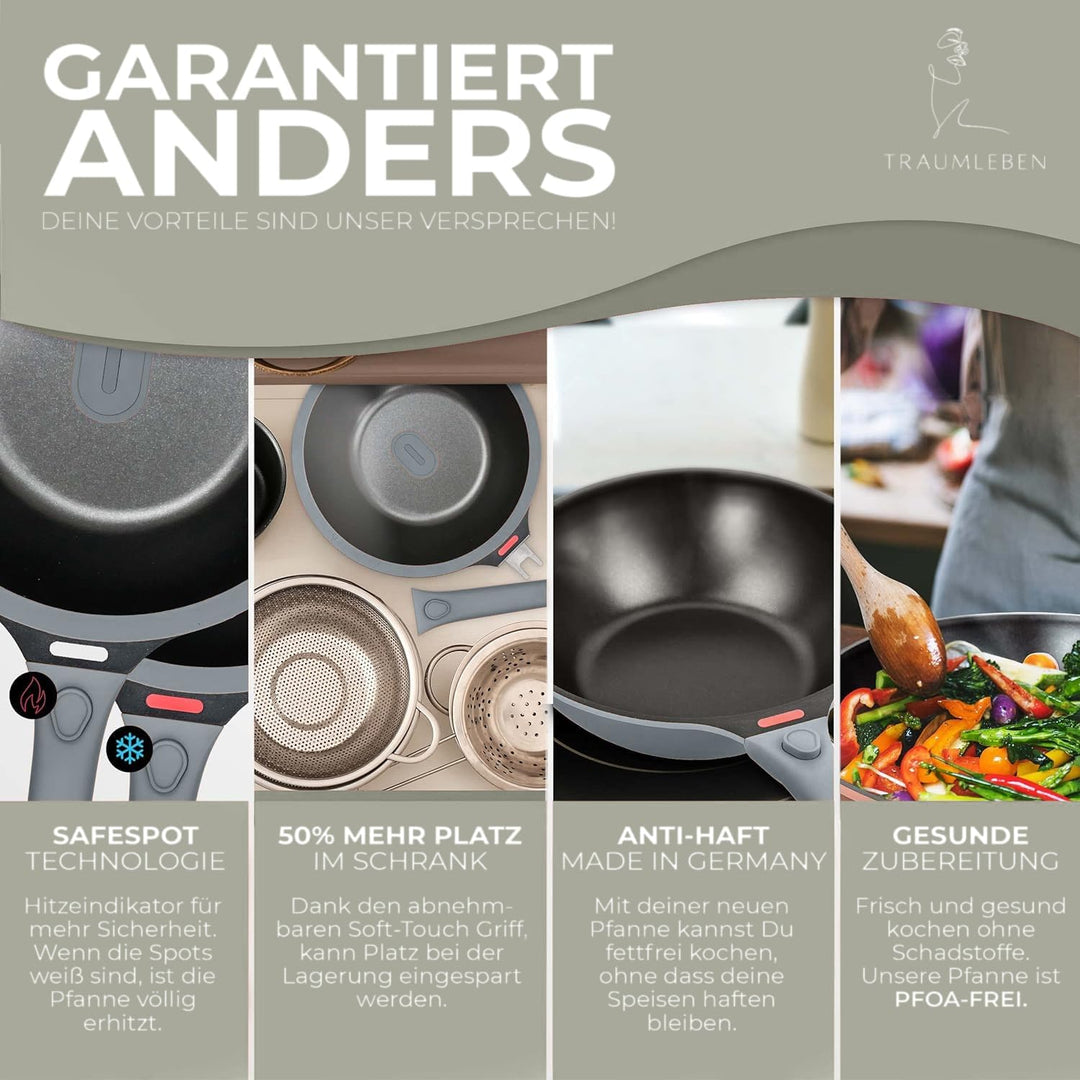 Wokpfanne mit Deckel 28 cm [abnehmbaren Griffe & Antihaftbeschichtung] PFOA-frei, für Induktion geei