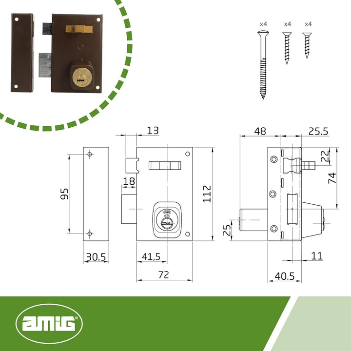 Amig - Überfüllschloss links mit Hebel, Zunge und Griff für Holztüren Mod. 75 | 72 x 112 mm | Sicher