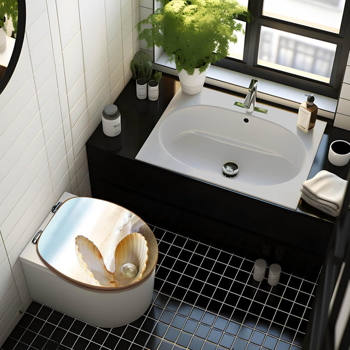 banjado® Design WC Sitz Bambus Absenkautomatik mit Motiv Perlenmuschel/Toilettendeckel mit Absenkaut