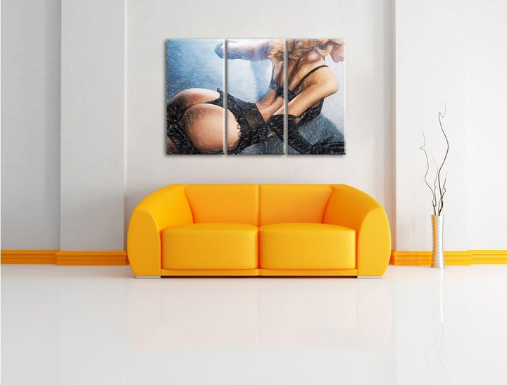 Pixxprint attraktive Frau in sexy Dessous / 3-Teilig/Gesamtmass 120cm Leinwandbild bespannt auf Holz