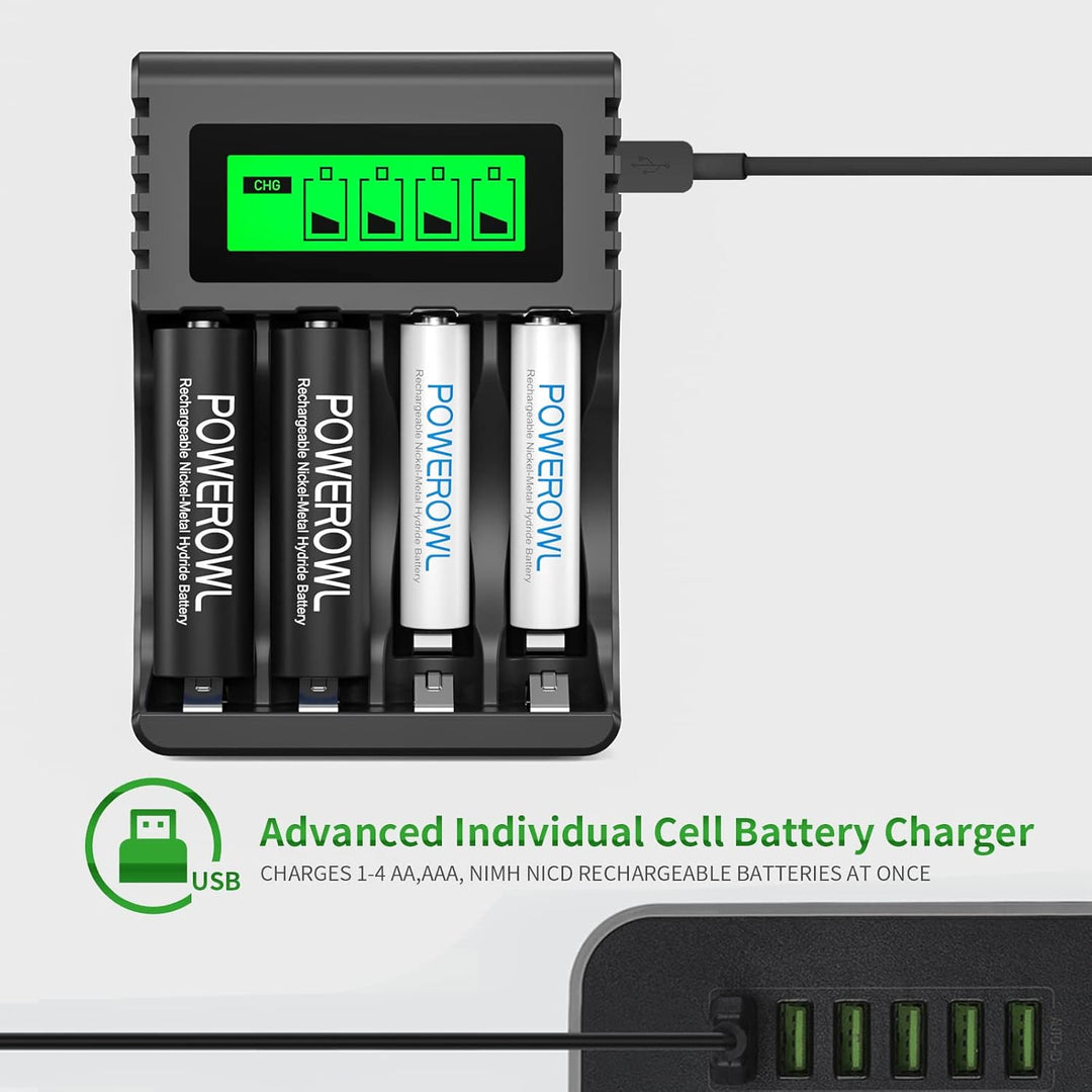 POWEROWL Akku Ladegerät mit 4 AA Akkus 2800mAh + 4 AAA Akkus 1000mAh - Akkuladegerät für NI-MH Wiede
