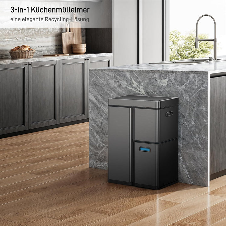 EKO Mirage Plus Mülltrennsystem mit 3 Fächer, 2 x 15 L und 30 L, Recycler Mülleimer mit Sensor, 3 Ku