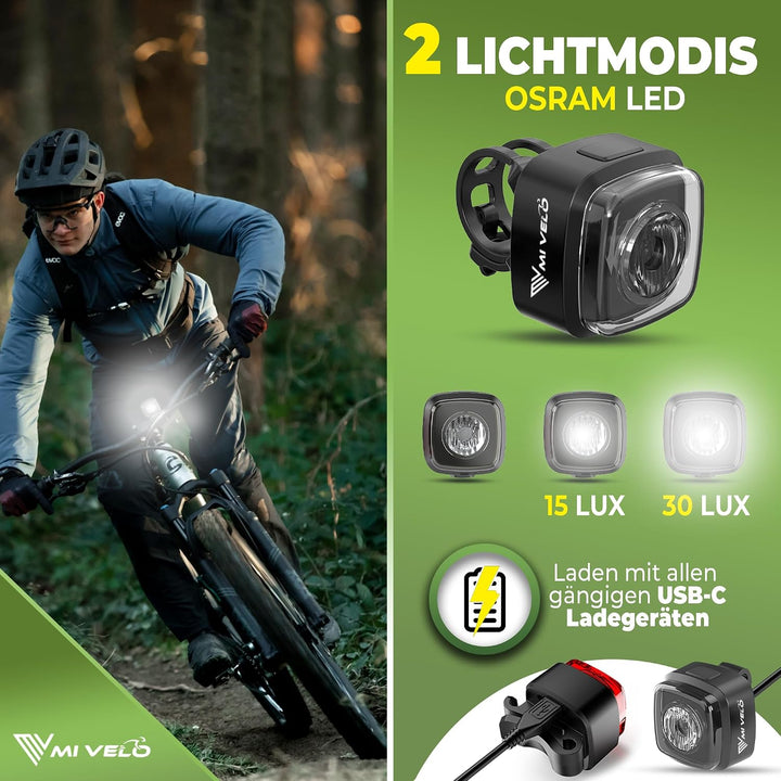 MIVELO Fahrradlicht Set StVZO zugelassen Fahrradbeleuchtung - USB-aufladbar &amp; 100% wasserdicht LED F