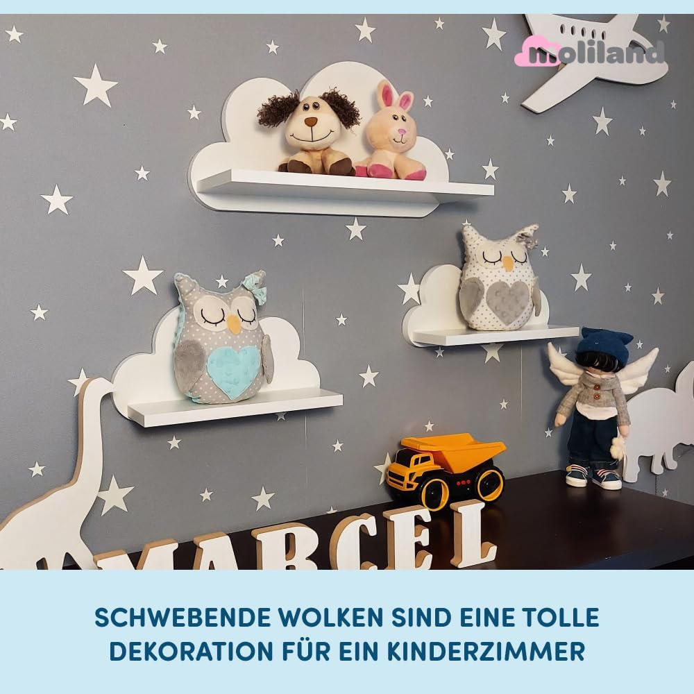3er Set Wandregal Kinderzimmer Weiss | Babyzimmer Wolkenregal für Bücher, Spielzeug, Dekoration | Re
