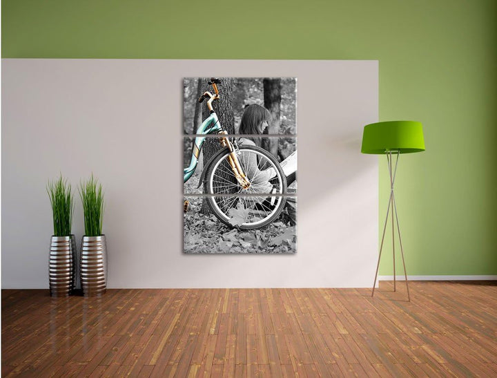 Pixxprint Junges Mädchen mit Fahrrad als Leinwandbild/Grösse: 3 Teilig (120x80) cm/Wandbild/Kunstdru