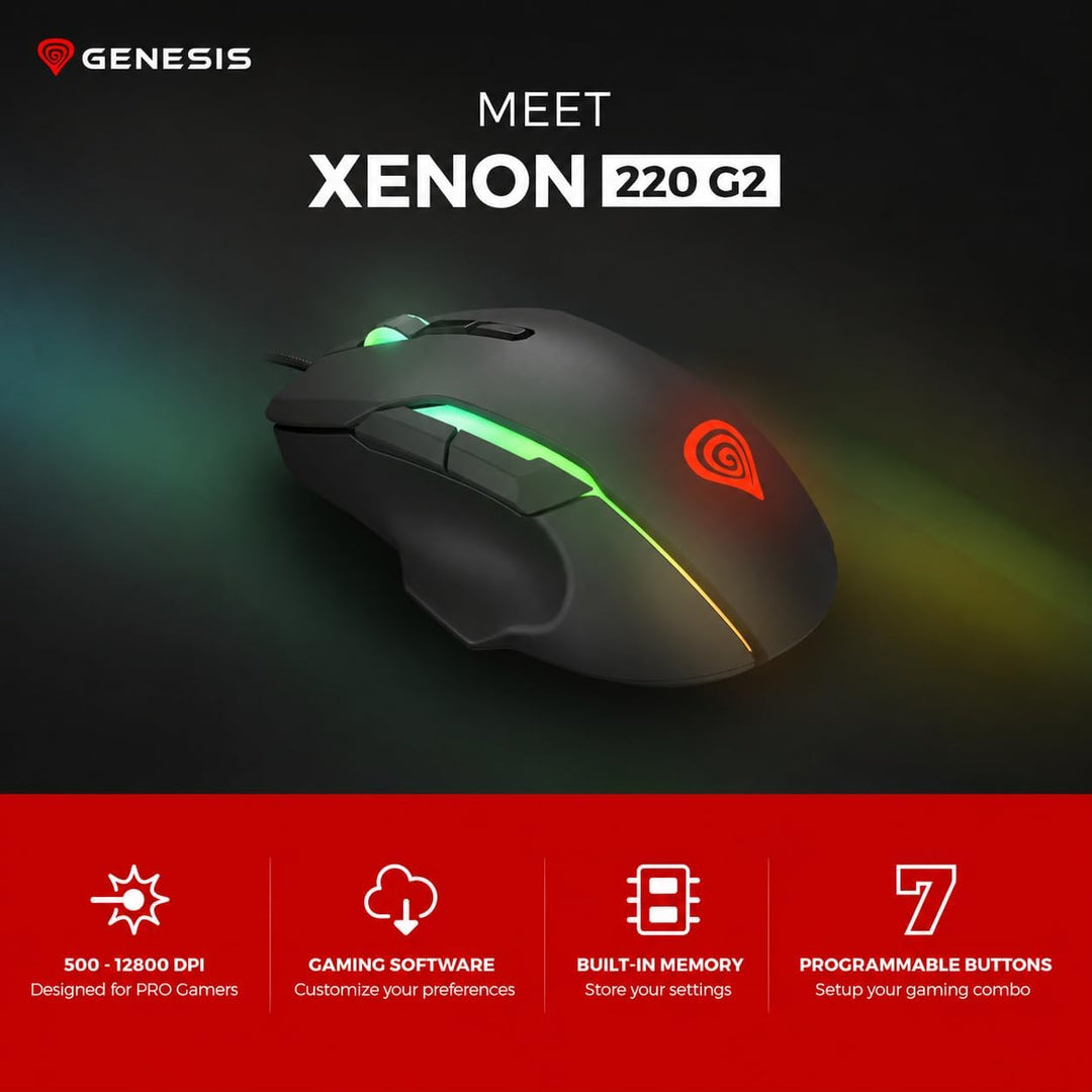 Genesis Xenon 220 G2 Gaming Maus kabelgebunden, leise Klicks, optischer Sensor bis 12800 DPI, RGB-Be