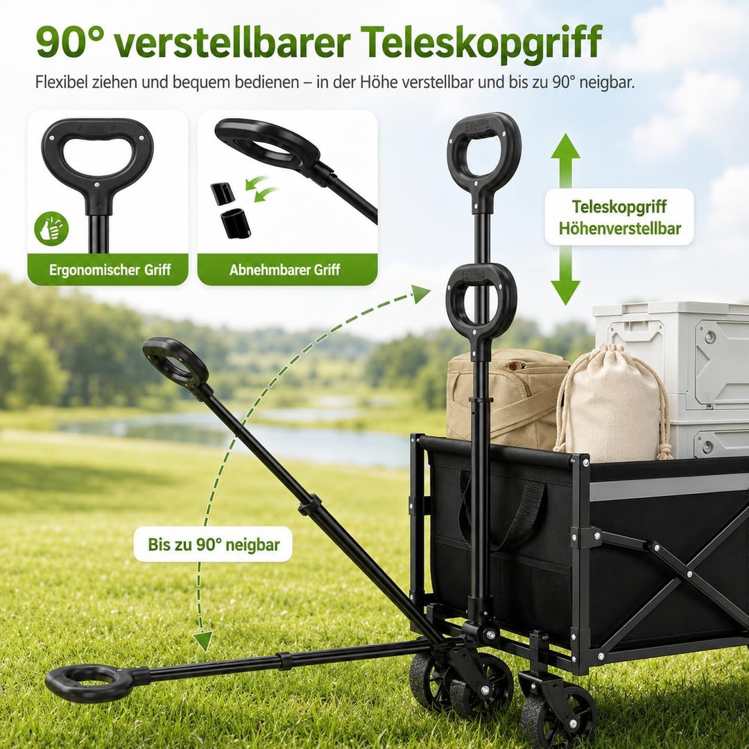 Faltbarer Bollerwagen mit Feststellbremse, 120L Grosser Strandwagen 100KG, Robuster Outdoor Transpor