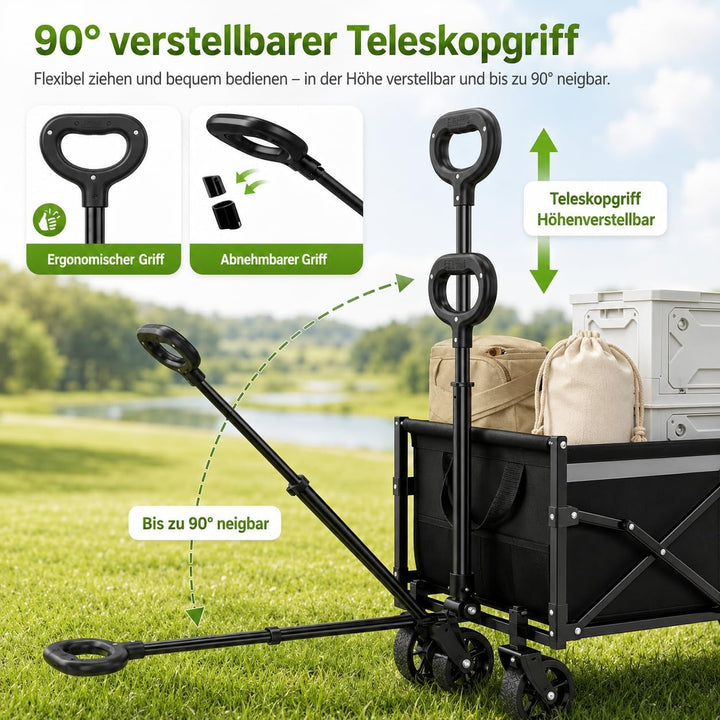 Faltbarer Bollerwagen mit Feststellbremse, 120L Grosser Strandwagen 100KG, Robuster Outdoor Transpor