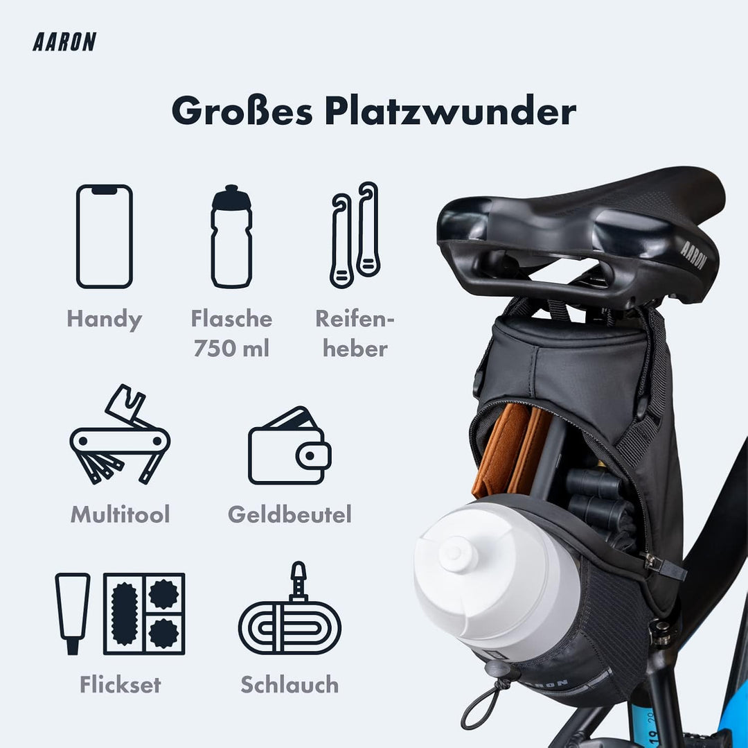 AARON Fahrrad Satteltasche mit Flaschenhalter, Wasserabweisende Fahrradtasche mit Reflektor, Sattelt