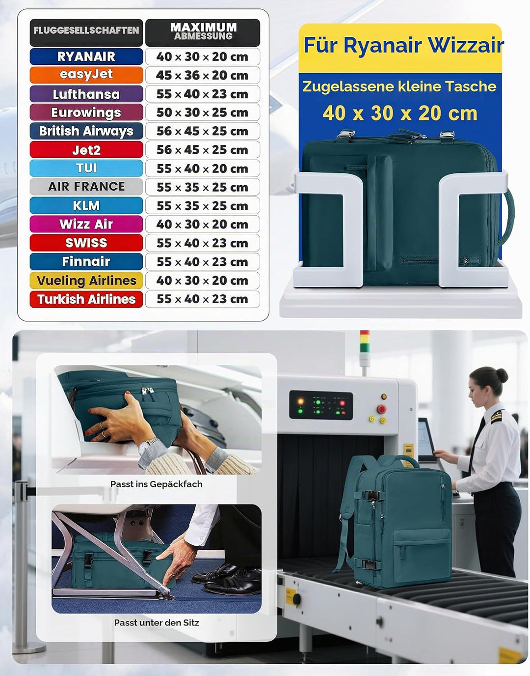 SZLX Vakuum Rucksack mit pumpe Ryanair Handgepäck 40x30x20 Damen Wizzair Handgepäck 40x30x20 Vakuum