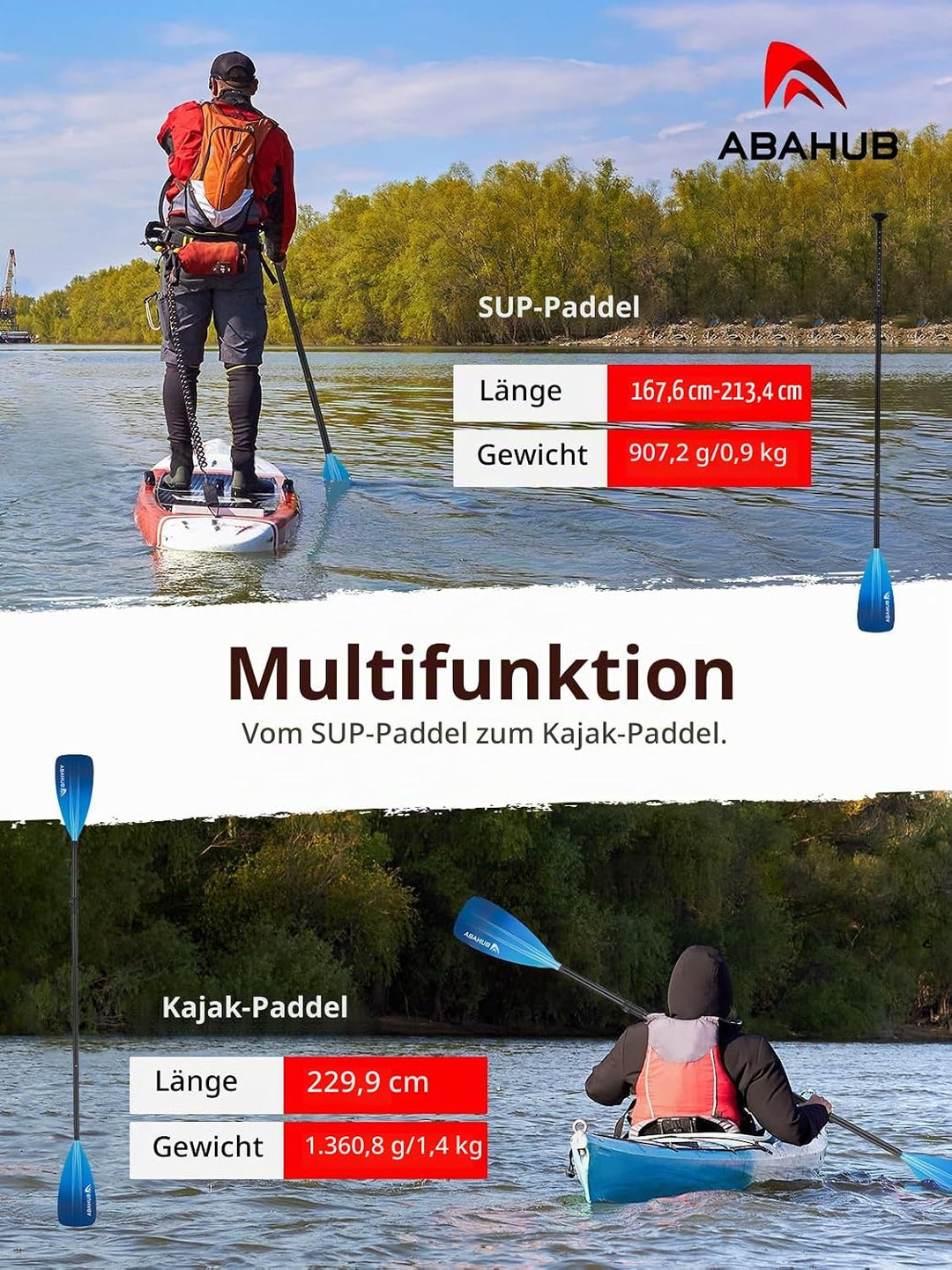Abahub 2 in 1 Sup Kajak Paddel Aluminium Einstellbares Stand Up Paddle für Paddleboard, Aluminiumleg