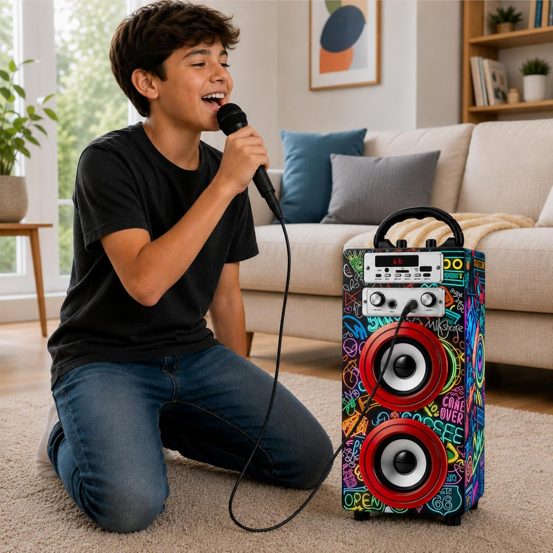 DYNASONIC Karaoke mit 2 Mikrofonen, tragbarer Karaoke-Maschine, Bluetooth-Lautsprecher, USB- und SD-