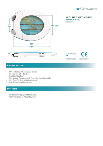 Calmwaters® WC Sitz mit Absenkautomatik, Holz-Motiv Shabby-Chic, Holzkern Toilettendeckel, Fast-Fix,