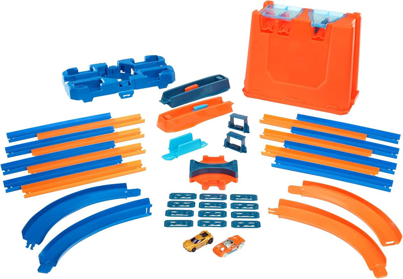 Hot Wheels GGP93 - Track Builder Mega Stunt Box mit Tracksets und Zubehör inkl. 2 Autos & BHT77 Trac