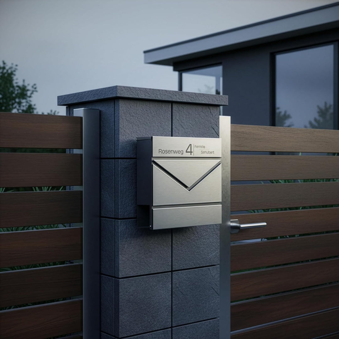 Grafner Premium Briefkasten personalisiert, Edelstahl mit Zeitungsfach und 2 Schlüssel, moderner Pos