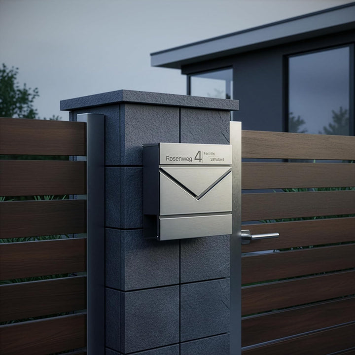 Grafner Premium Briefkasten personalisiert, Edelstahl mit Zeitungsfach und 2 Schlüssel, moderner Pos