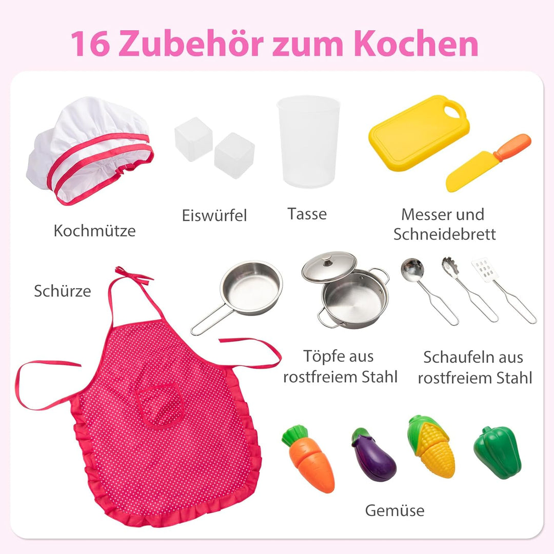 COSTWAY Kinderküche Holz, Spielküche mit Licht und Sound, Holzküche mit Tafel, Mikrowell, Spüle, Ofe