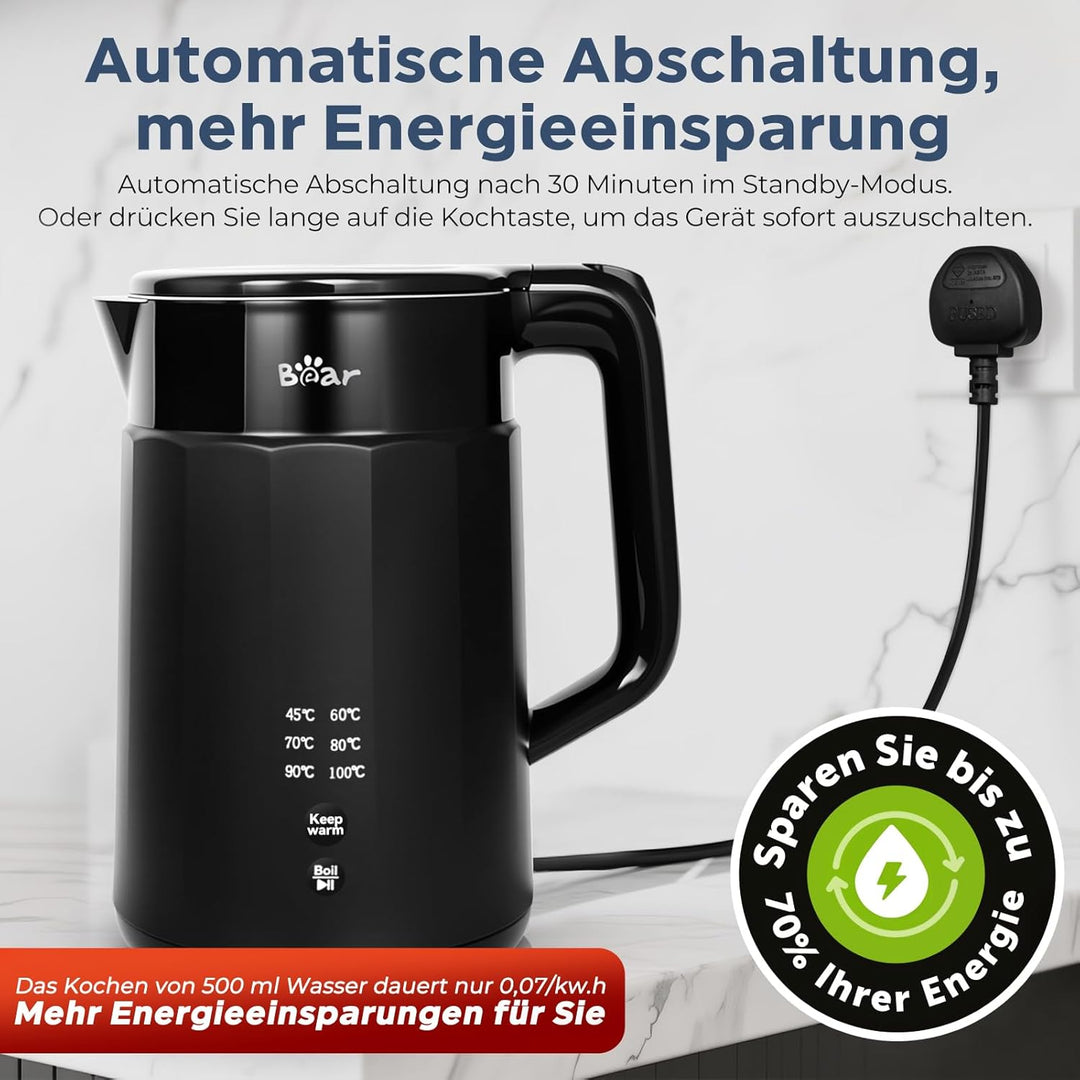 Bear Electric Kettle 1800W-2200W 1.7L 45°C ~ 100°C Kettle with 6 Temperature Controls, Automatic Shu