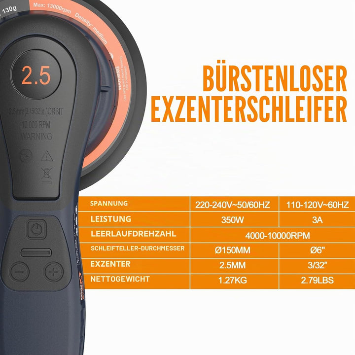 MAXXT Exzenterschleifer, 150 mm (6 Zoll), bürstenloser Motor, 230 V, 2,5 mm Exzenterhub, Schleif- un