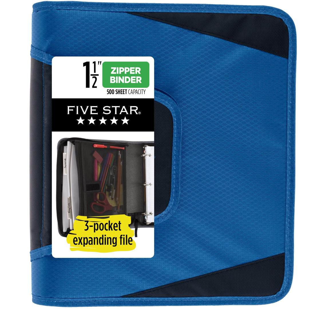 Five Star Reissverschluss-Binder, 3,8 cm 3-Ringbuch für Schule, 3 Fächer, 500 Blatt Kapazität, Blau