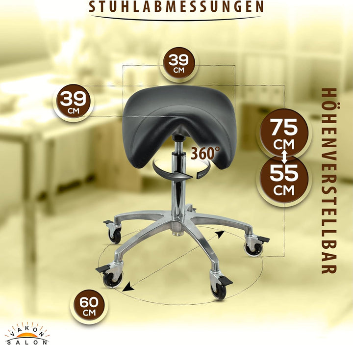 Premium Sattelhocker schwarz mit Bremse, Sattelstuhl für Rückenentlastung, Rollhocker höhenverstellb