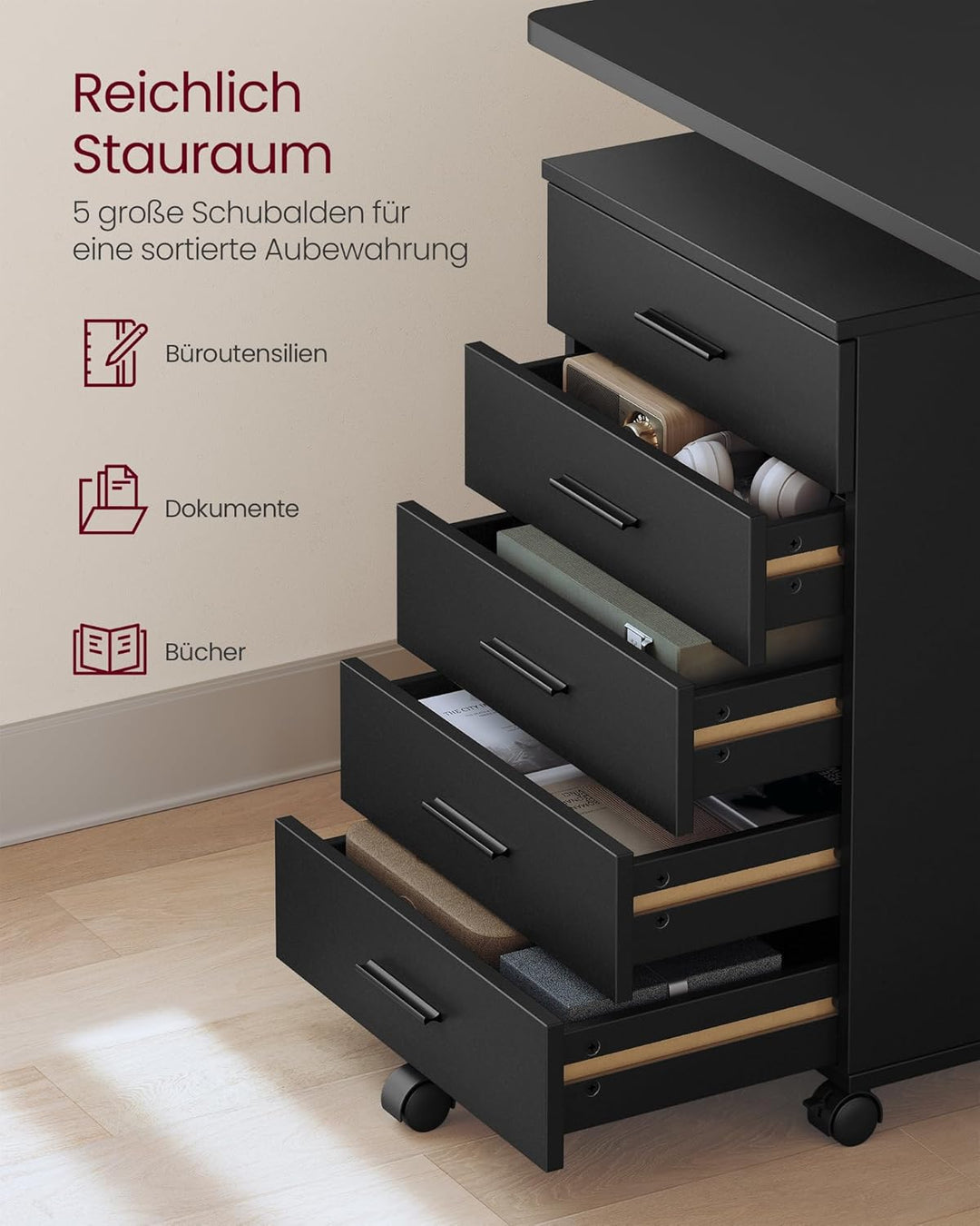 VASAGLE Rollcontainer, mobiler Aktenschrank, Schubladenschrank, Druckerständer mit 5 Schubladen, mit