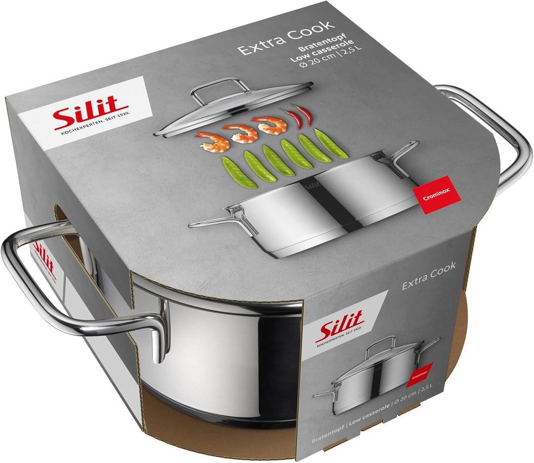 Silit Extra Cook, Bratentopf 24 cm mit Glasdeckel, Innenskalierung, breiter Schüttrand, hochwertiger