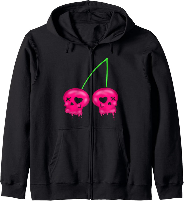 Rosa Kirsche Schädel Yami Kawaii Nu Goth Lolita Menhera Kapuzenjacke