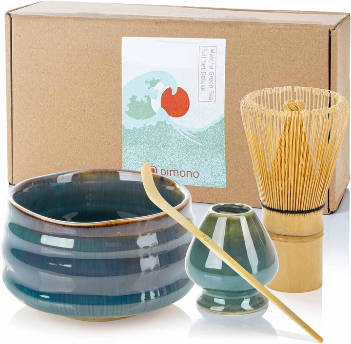 Dimono Original Matcha Tee-Set Deluxe mit Matcha-Schale, Bambus-Besen, Besenhalter, Dosierlöffel - D