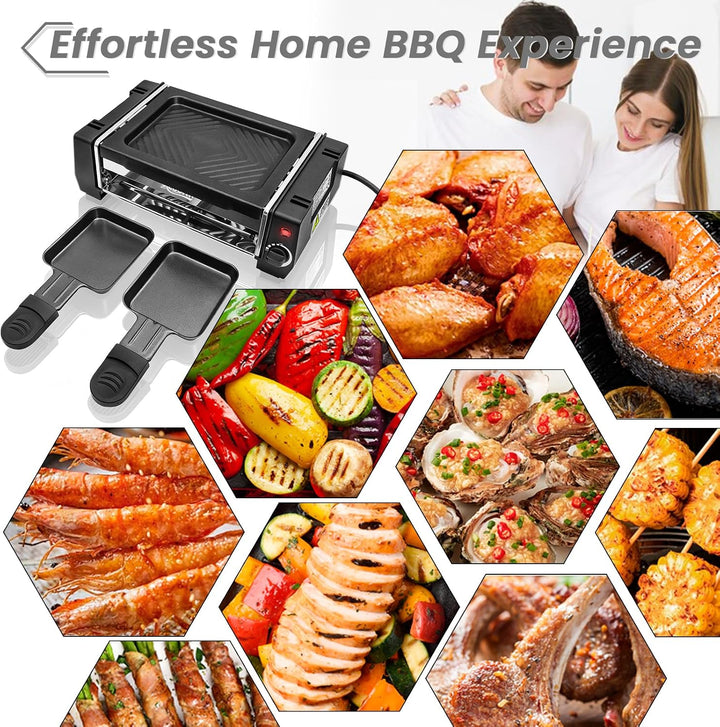 Mini Raclettegrill Tischgrill elektrisch, 2 Personen Raclette Set mit Antihaftplatte, kompakter Inne