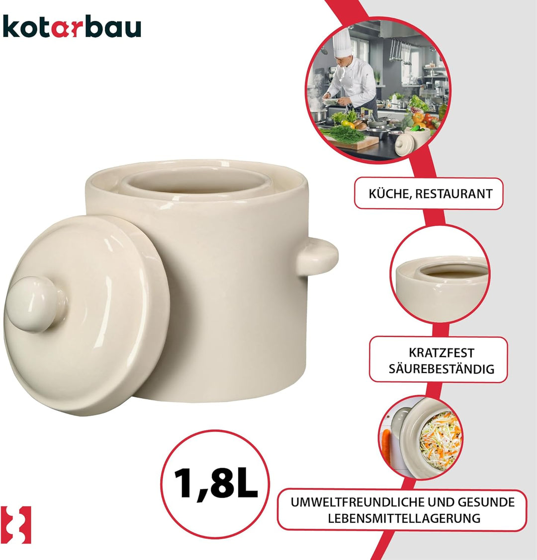 KOTARBAU® Sauerkraut Gärtopf Sauerkrauttopf 1,8L Tontopf mit Deckel Steinguttopf Fermentieren Dauerk