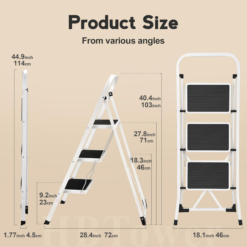 HBTower 3-Stufen-Leiter, Trittleiter mit Anti-Rutsch-Pedal, 20 cm breite Stufen, 150KGS Kapazität, P