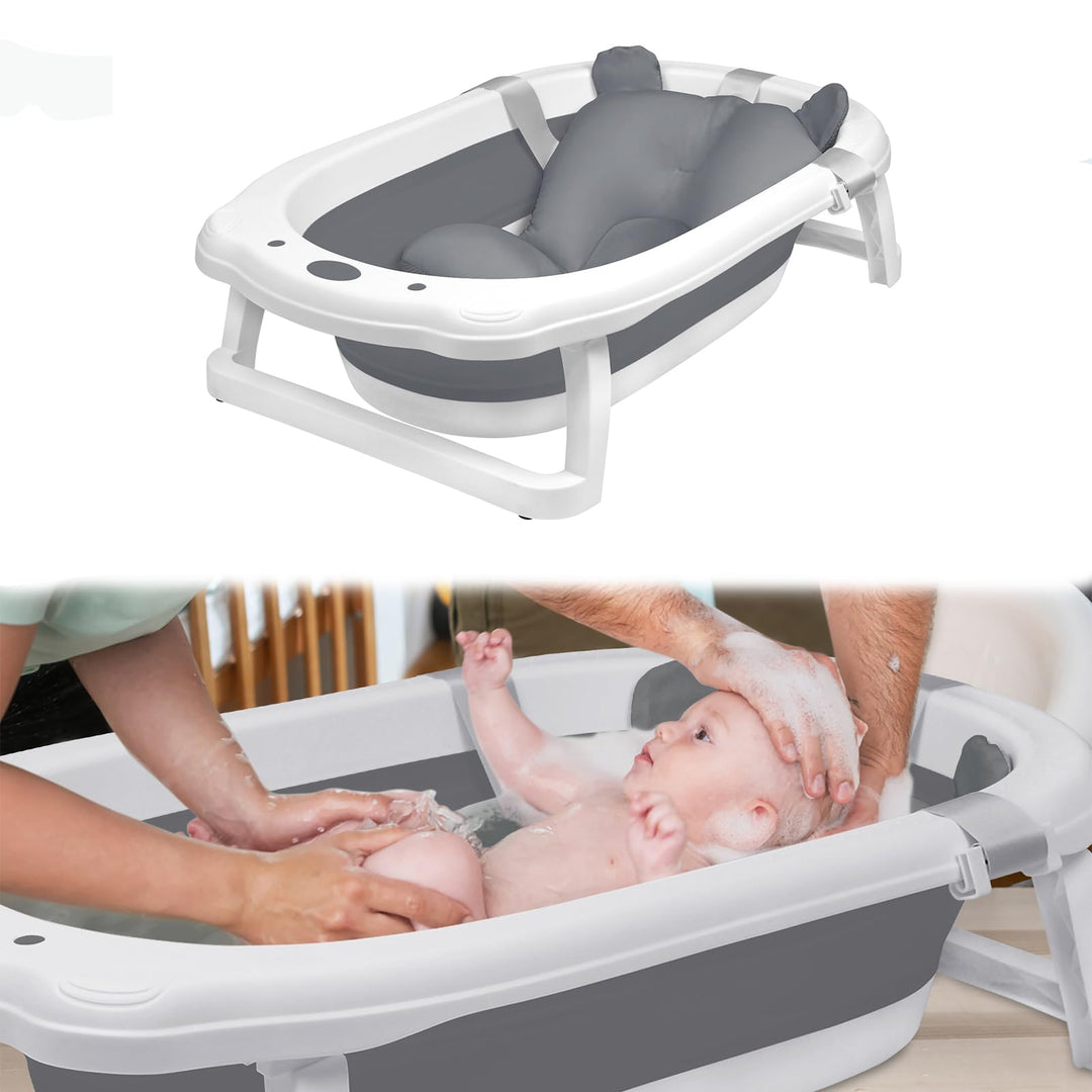 YUENFONG Baby Badewanne, Faltbar, PP Material, Anti Rutsch, Grau mit Sitzkissen Grau mit Badematte,
