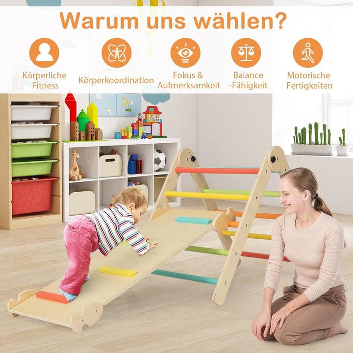COSTWAY Kletterdreieck mit Rutsche, 7 in 1 Klettergerüst Indoor ab 3 Jahren, Kletterdreieck klappbar