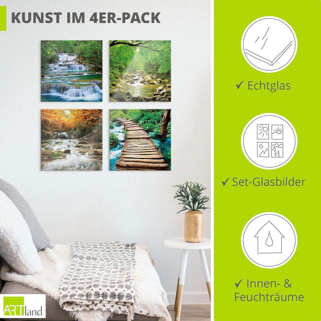 ARTland Glasbilder Wandbild Glas Bild Set 4 teilig je 30x30 cm Quadratisch Natur Wald Urwald Dschung