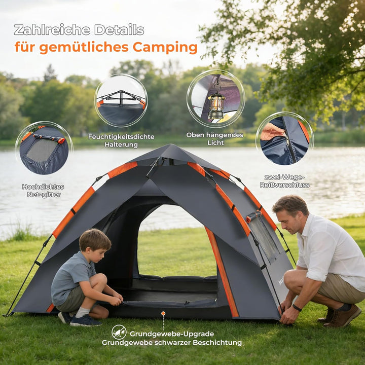 Camping Zelt 2 Personen Wurfzelt – Automatik Pop Up Zelt wasserdicht 3000mm mit 2 Türen und 2 Fenste