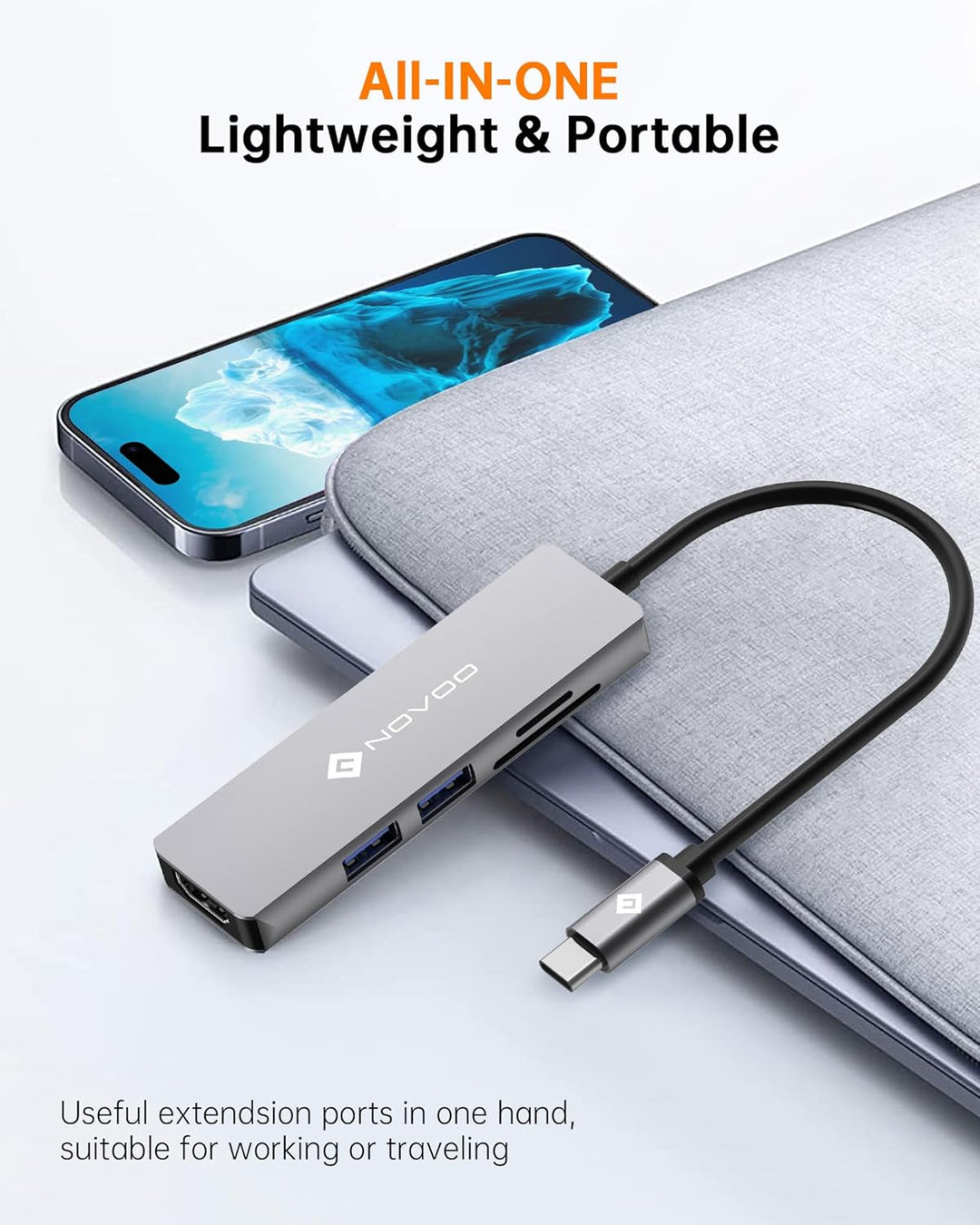 NOVOO USB C Hub (5 in 1) Aluminium mit HDMI 4K Adapter, USB 3.0 Anschlüsse, 1 SD und 1 microSD Karte