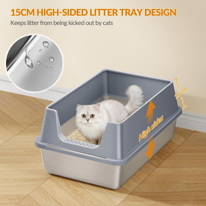 Katzenklo Edelstahl, XXL Metall Katzentoilette Gross, Katzenklo Edelstahl mit Hoher Rand, mit Schauf